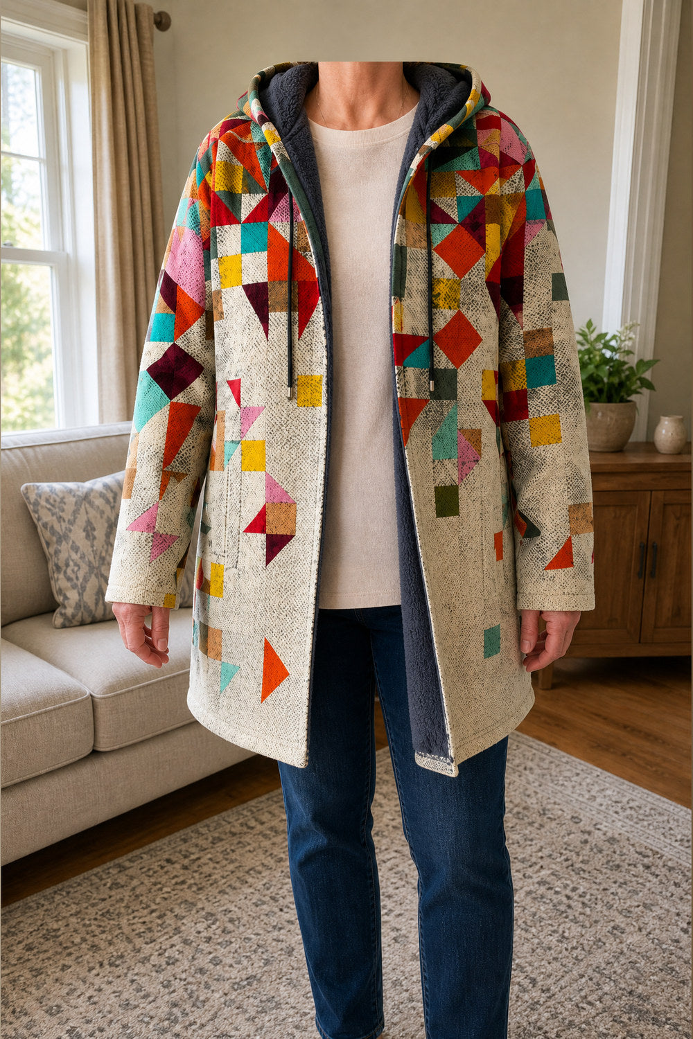 Palmira Patchwork Hooded Coat — Cream Patchwork