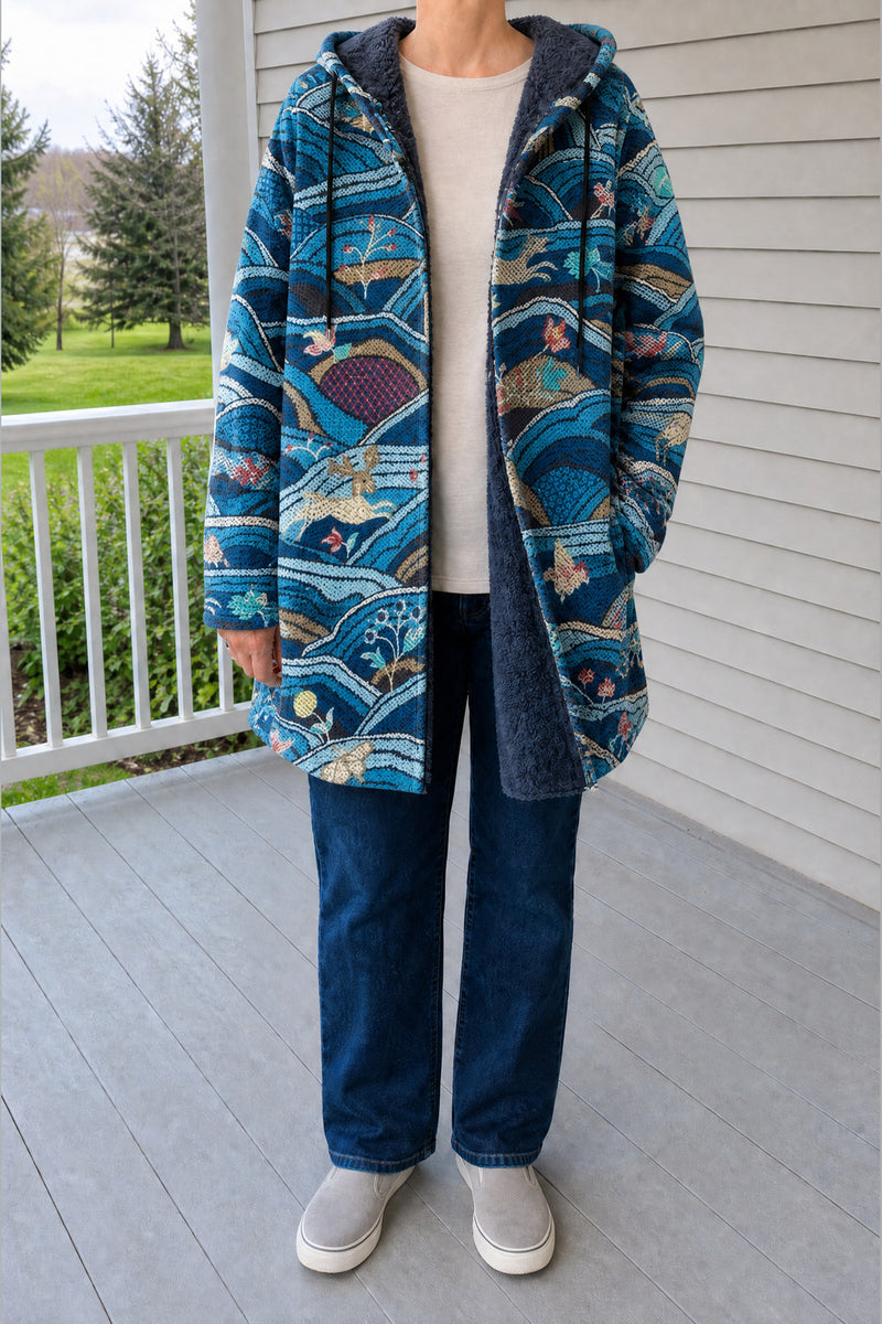 Palmira Patchwork Hooded Coat — Navy Wave