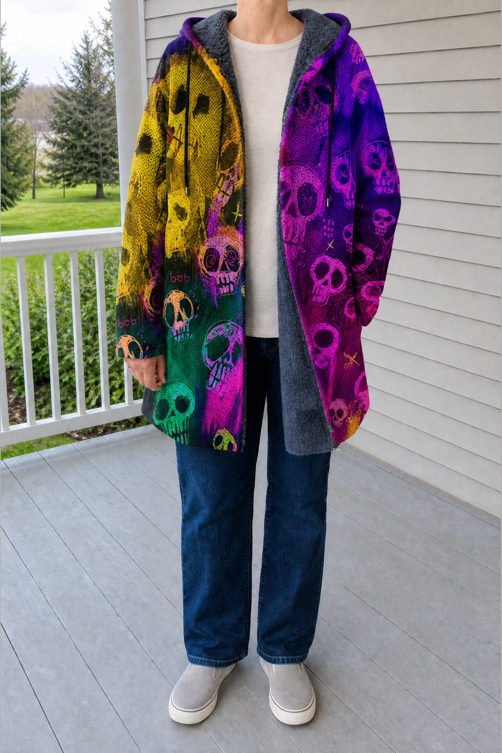 Palmira Patchwork Hooded Coat — Neon Skulls