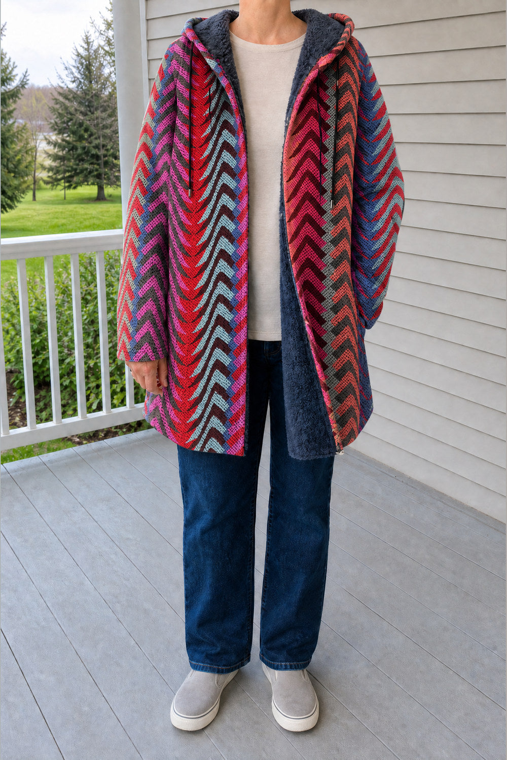 Palmira Patchwork Hooded Coat — Pink Chevron