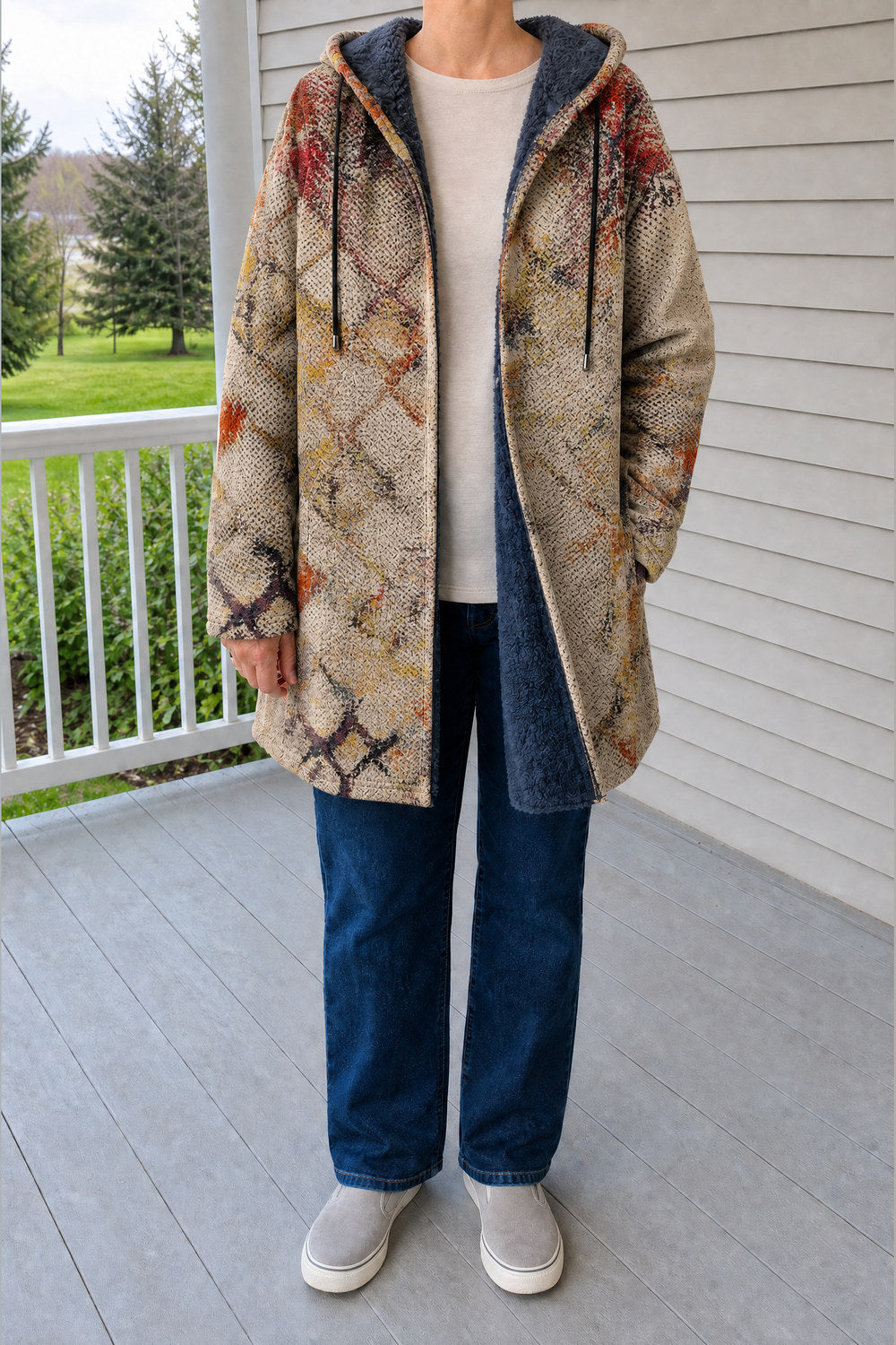 Palmira Patchwork Hooded Coat — Rust Abstract