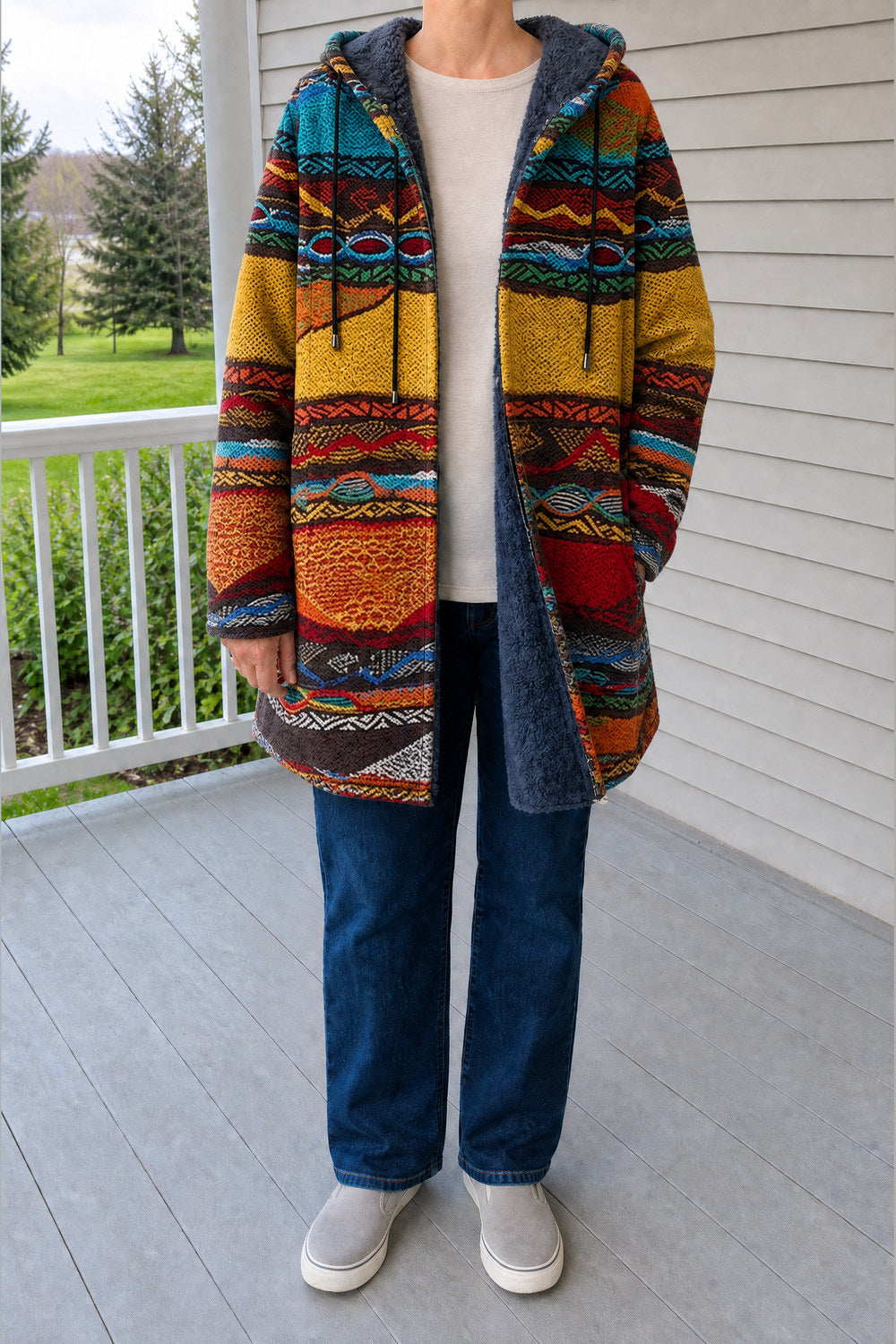 Palmira Patchwork Hooded Coat — Sunset Stripe