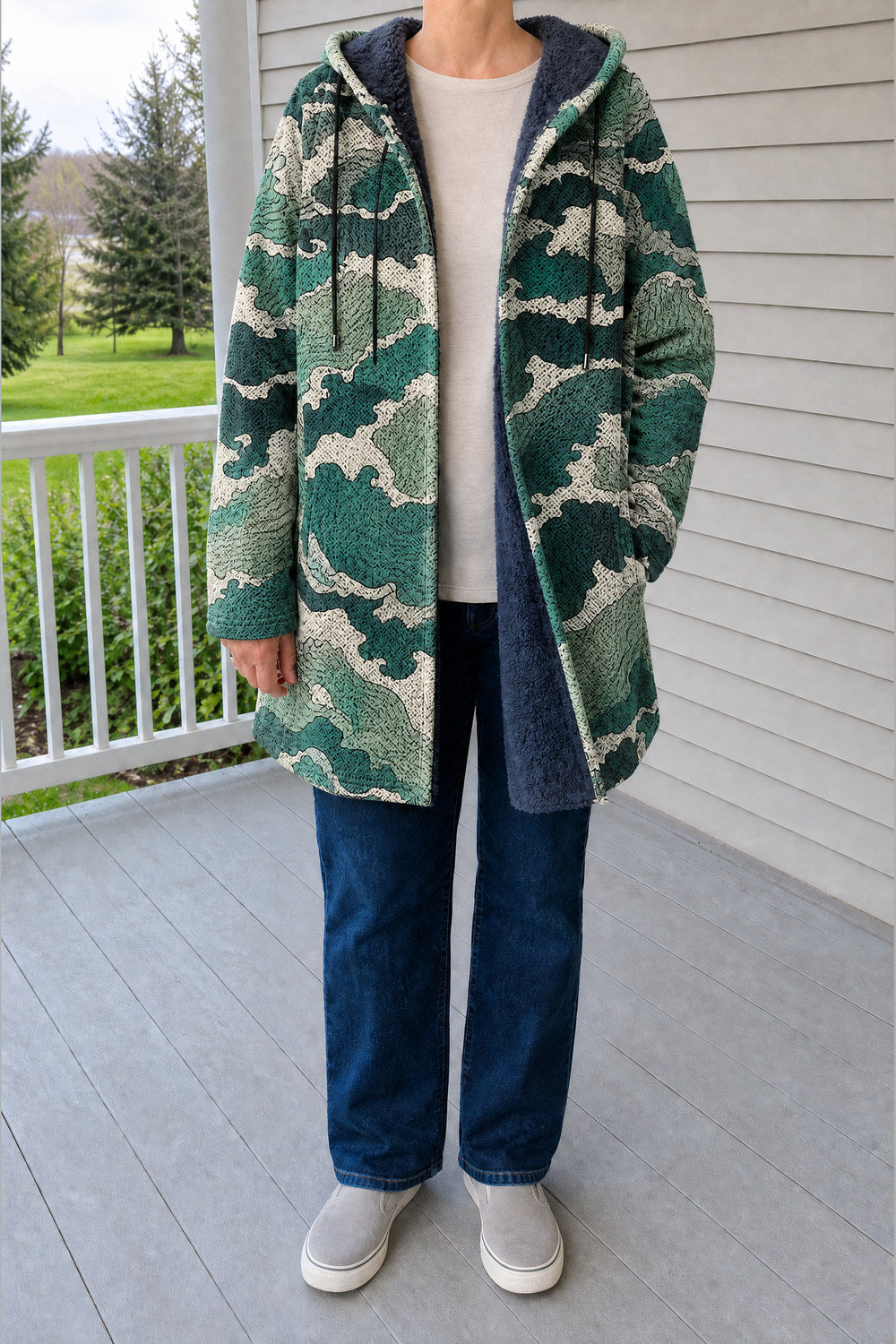 Palmira Patchwork Hooded Coat — Teal Wave