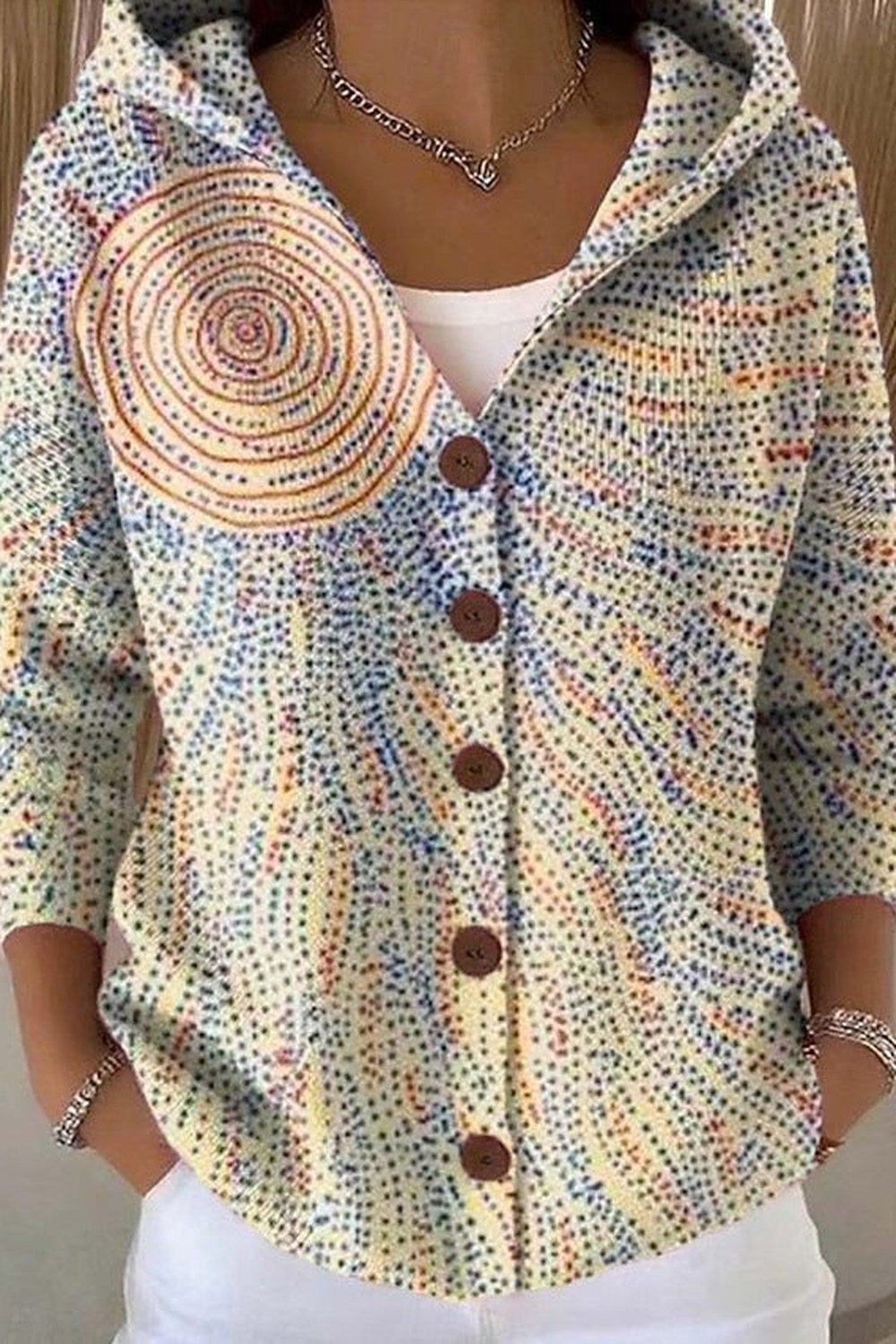 Petra Button-Front Hooded Cardigan — Cream Sunburst