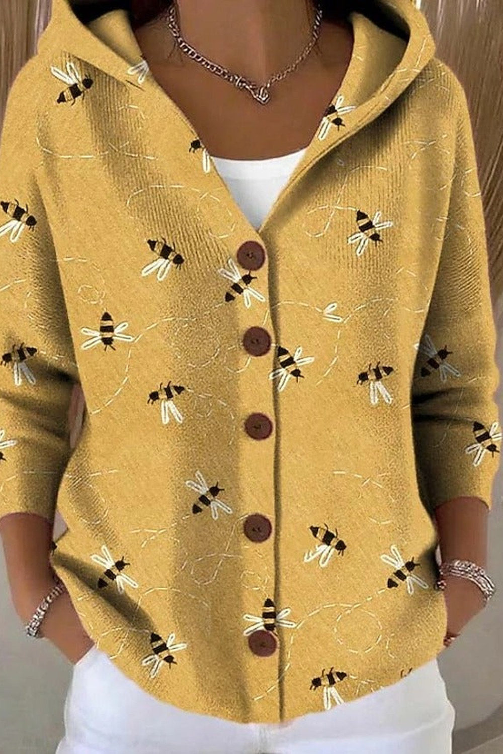 Petra Button-Front Hooded Cardigan — Mustard Bee