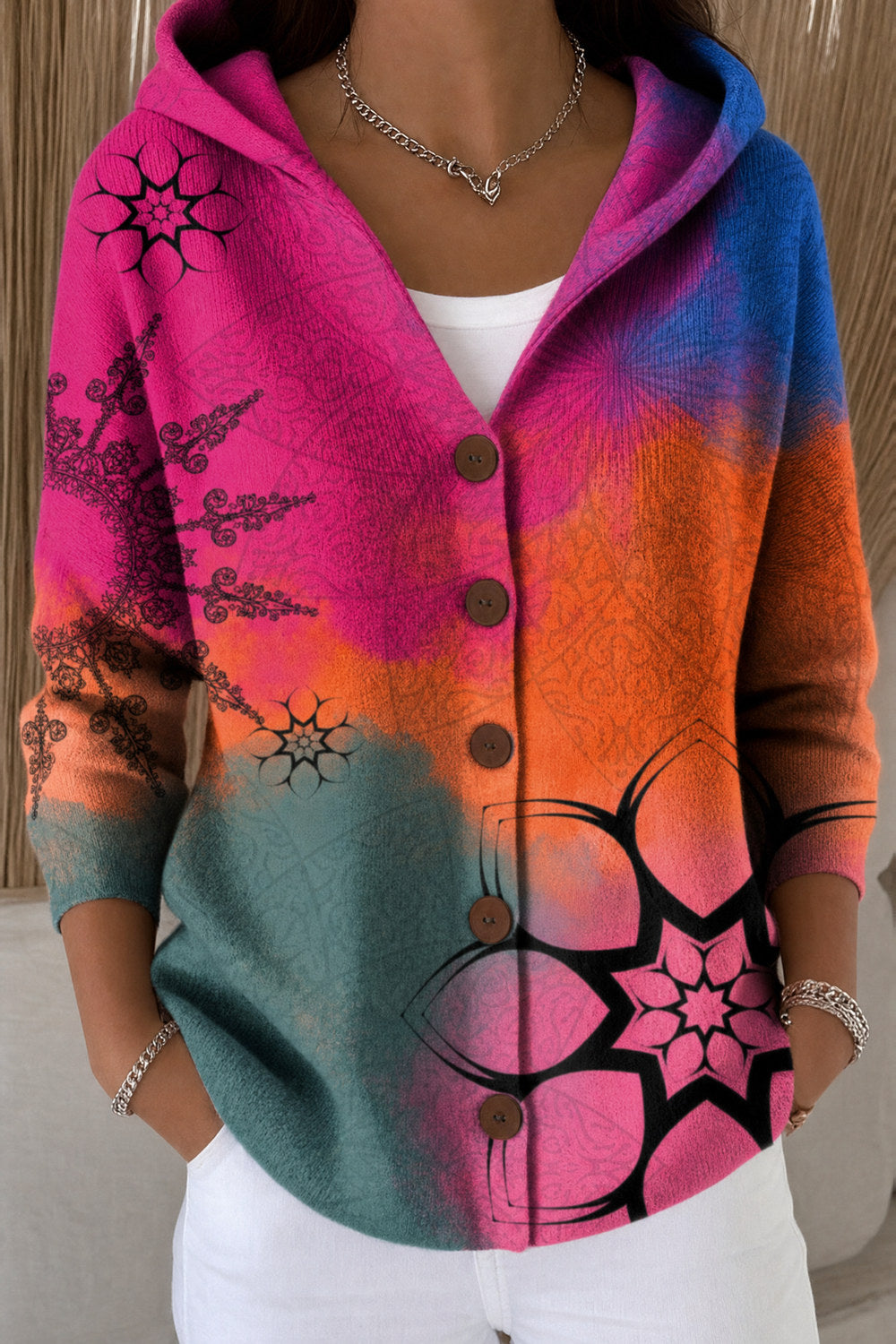 Petra Button-Front Hooded Cardigan — Pink Mandala