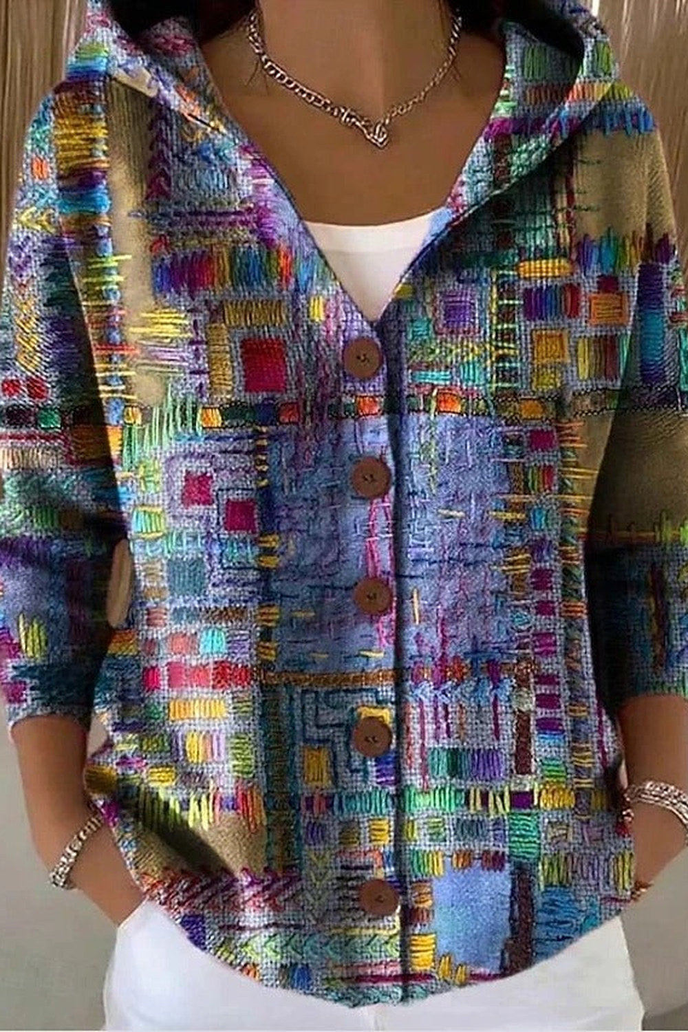 Petra Button-Front Hooded Cardigan — Purple Mosaic