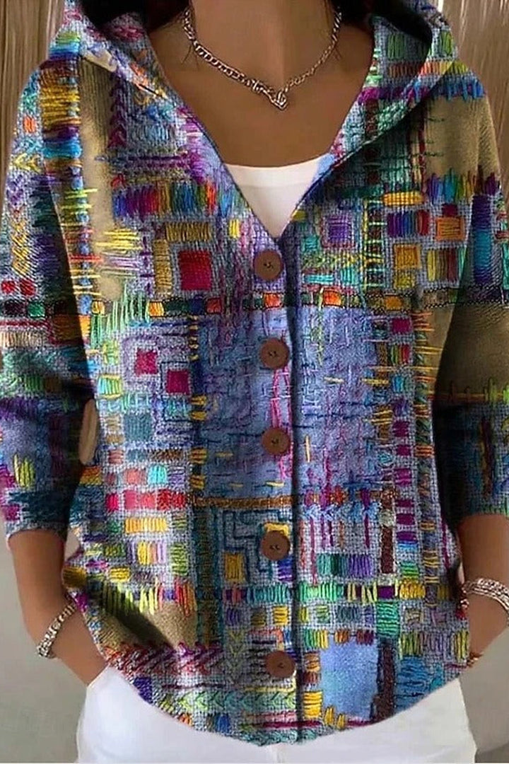 Petra Button-Front Hooded Cardigan — Purple Mosaic