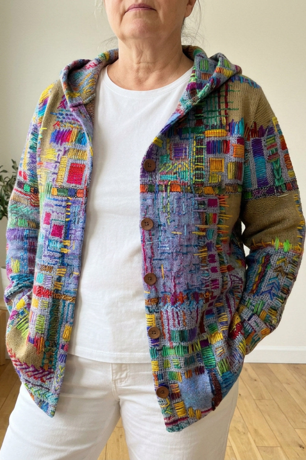 Petra Button-Front Hooded Cardigan — Purple Mosaic