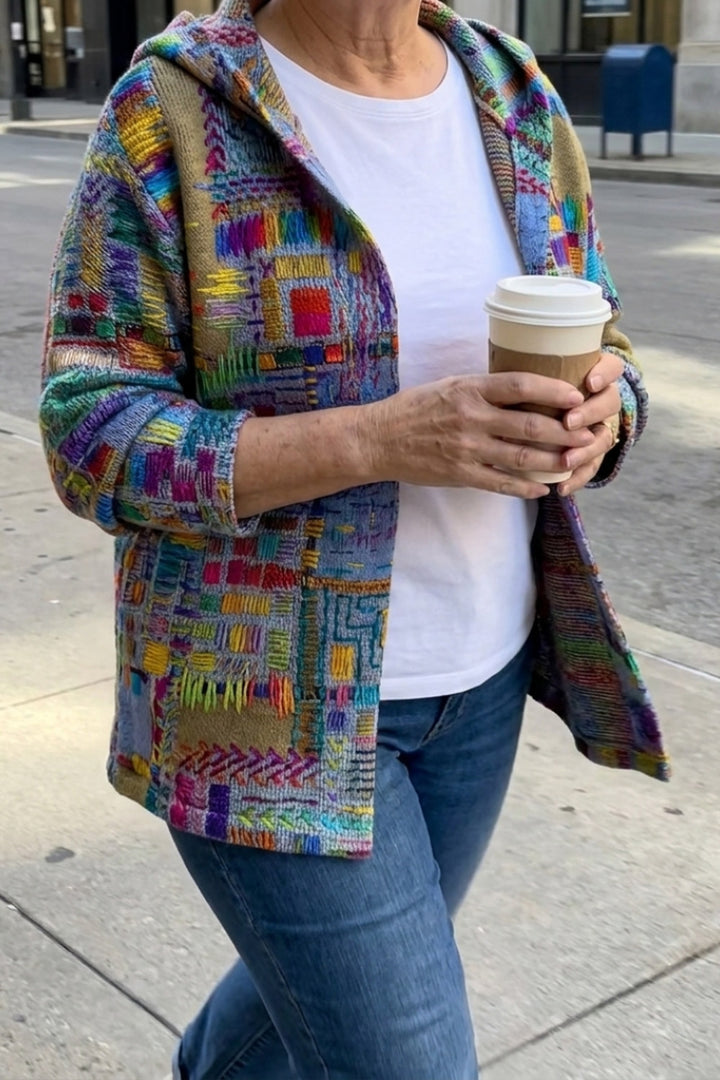 Petra Button-Front Hooded Cardigan — Purple Mosaic