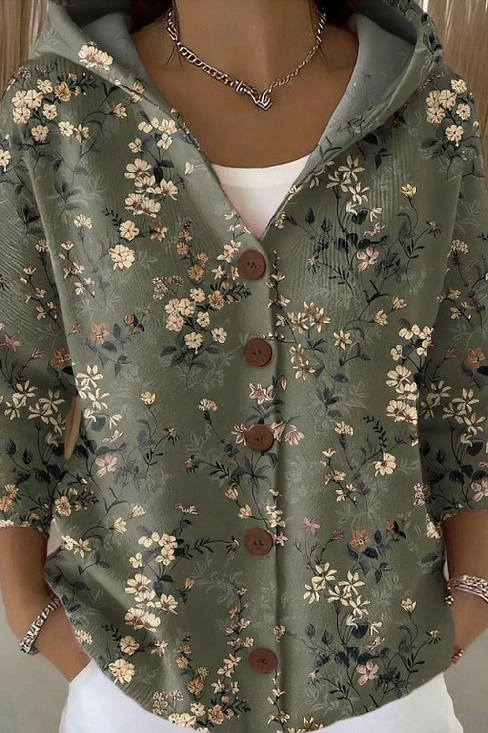 Petra Button-Front Hooded Cardigan — Sage Floral
