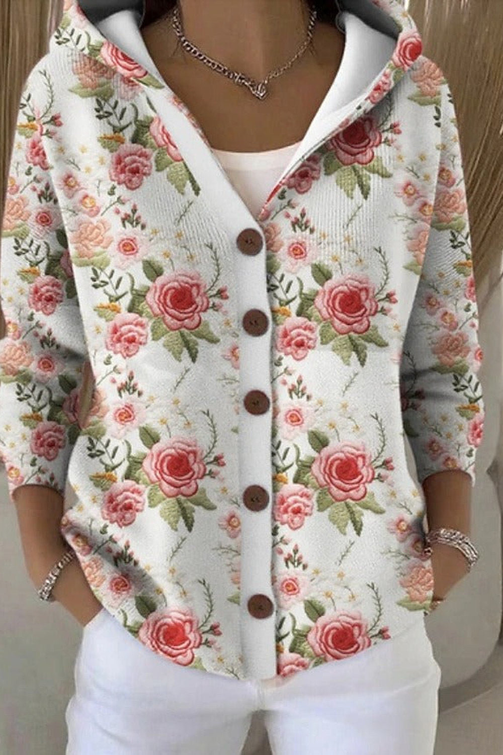 Petra Button-Front Hooded Cardigan — White Rose