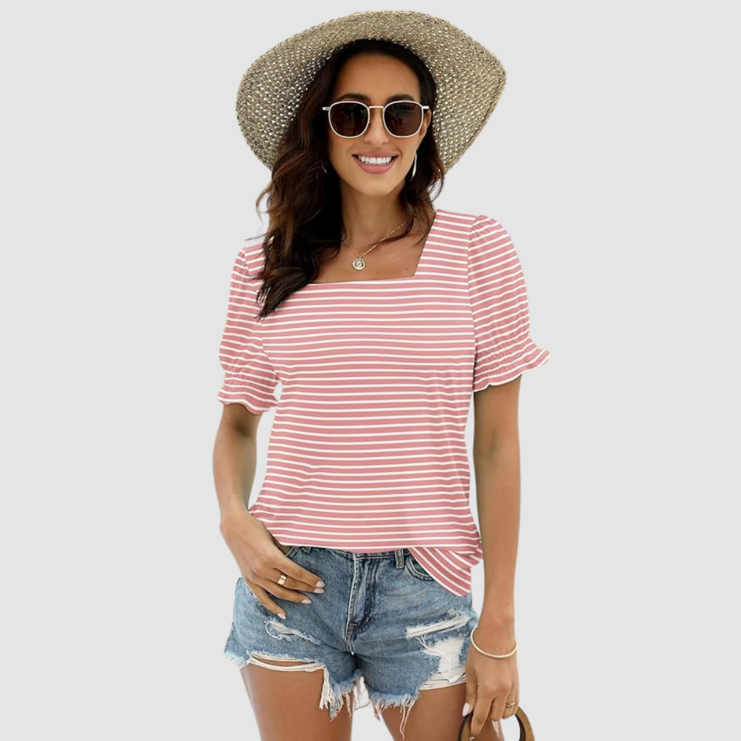 C Lina Square Neck Top in pink stripe