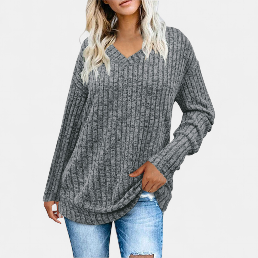 Kasha V-neck Long Sleeve Sweater in gray