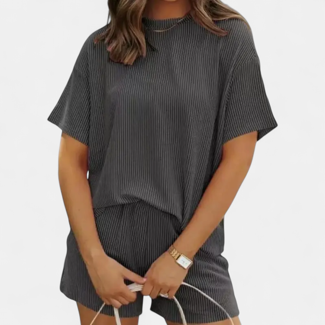 Dottie Striped Ribbed Knit Lounge in dark gray