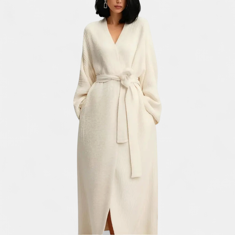Adrina Longline Belted Knit Robe in cream