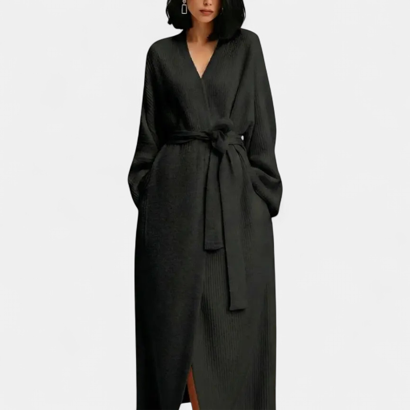 Adrina Longline Belted Knit Robe in black
