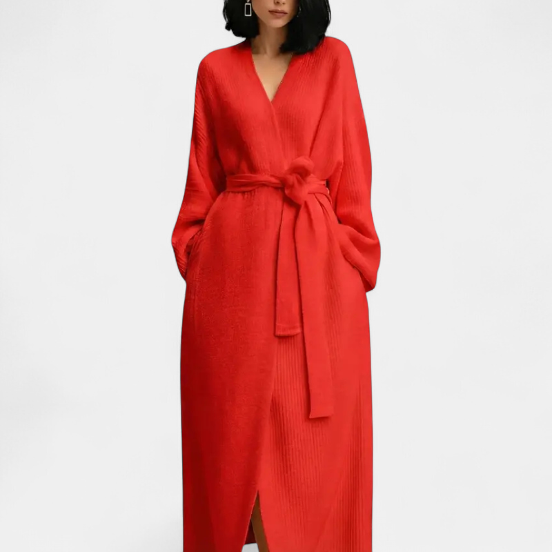 Adrina Longline Belted Knit Robe in red