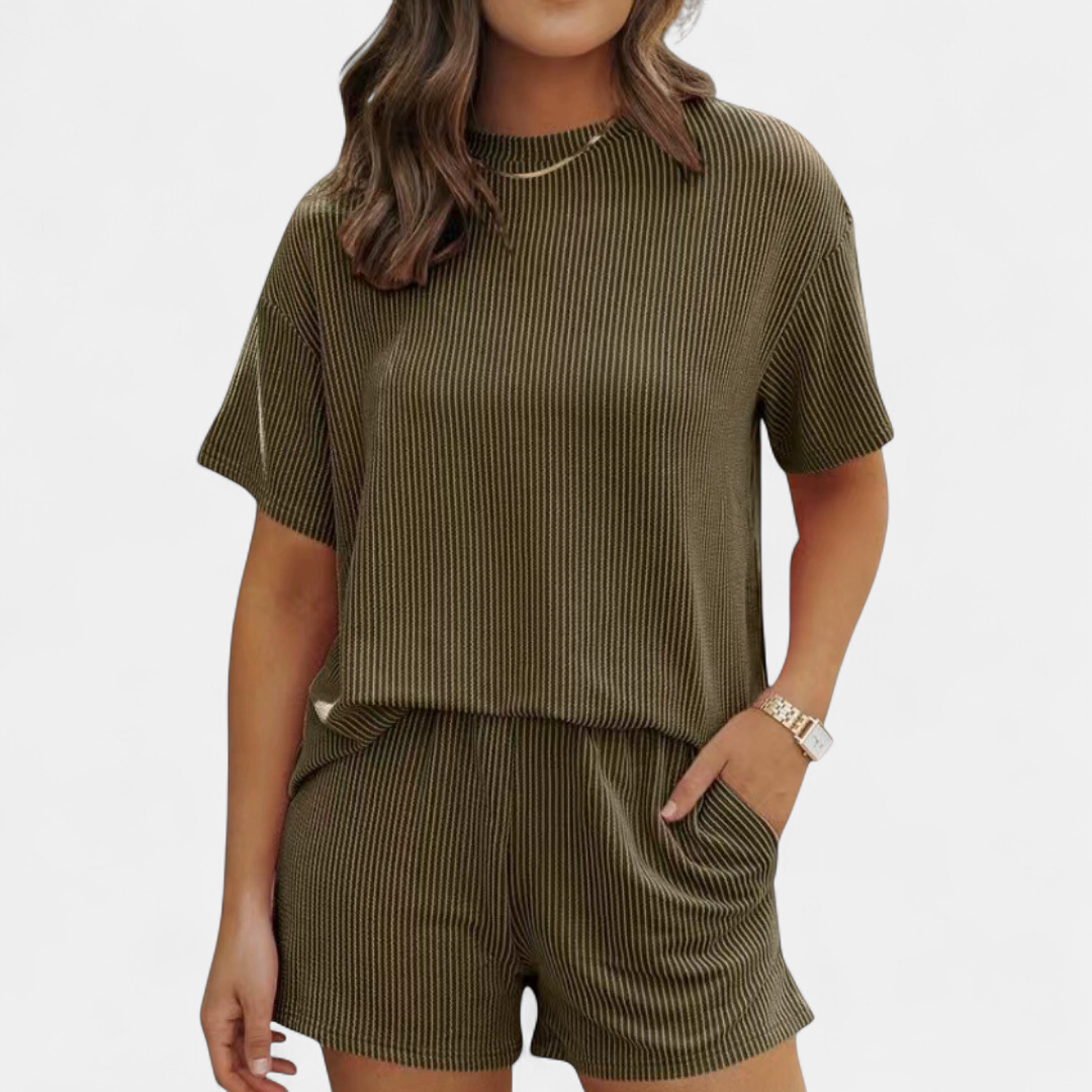 Dottie Striped Ribbed Knit Lounge in olive green