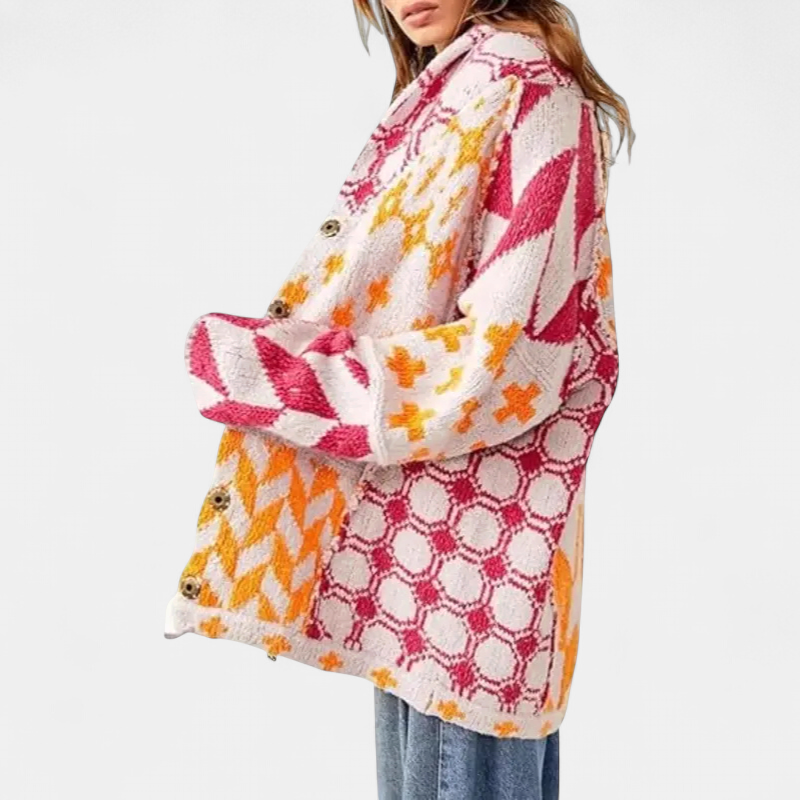 Georgina Oversized Print Knit Coat in rosered