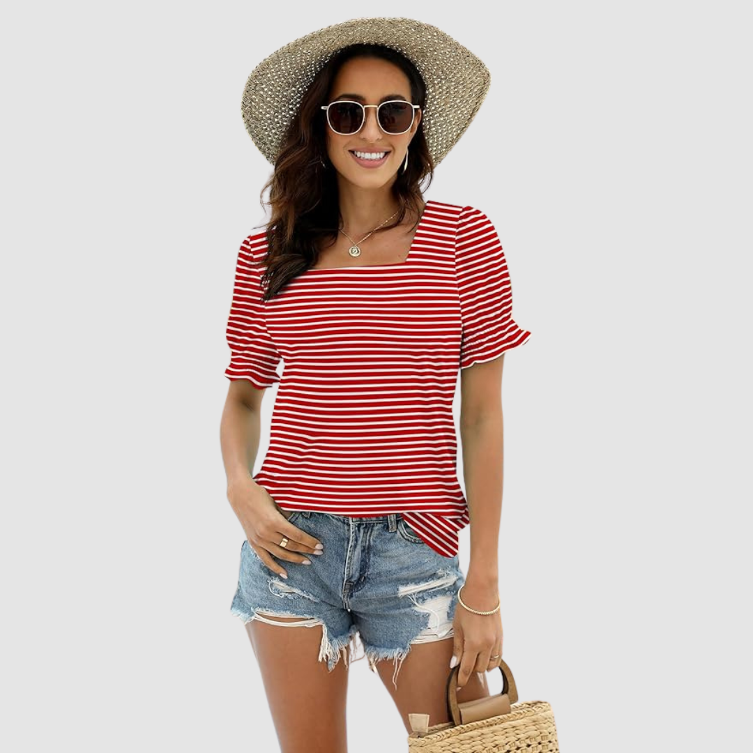 C Lina Square Neck Top in red stripe