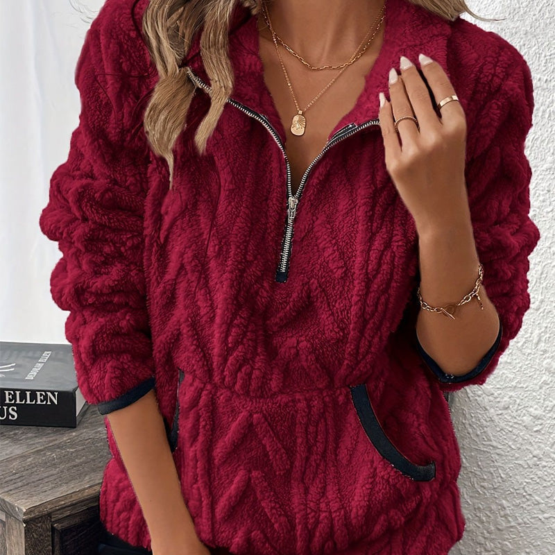 Briella Fuzzy Half-zip Sweatshirt in wine red