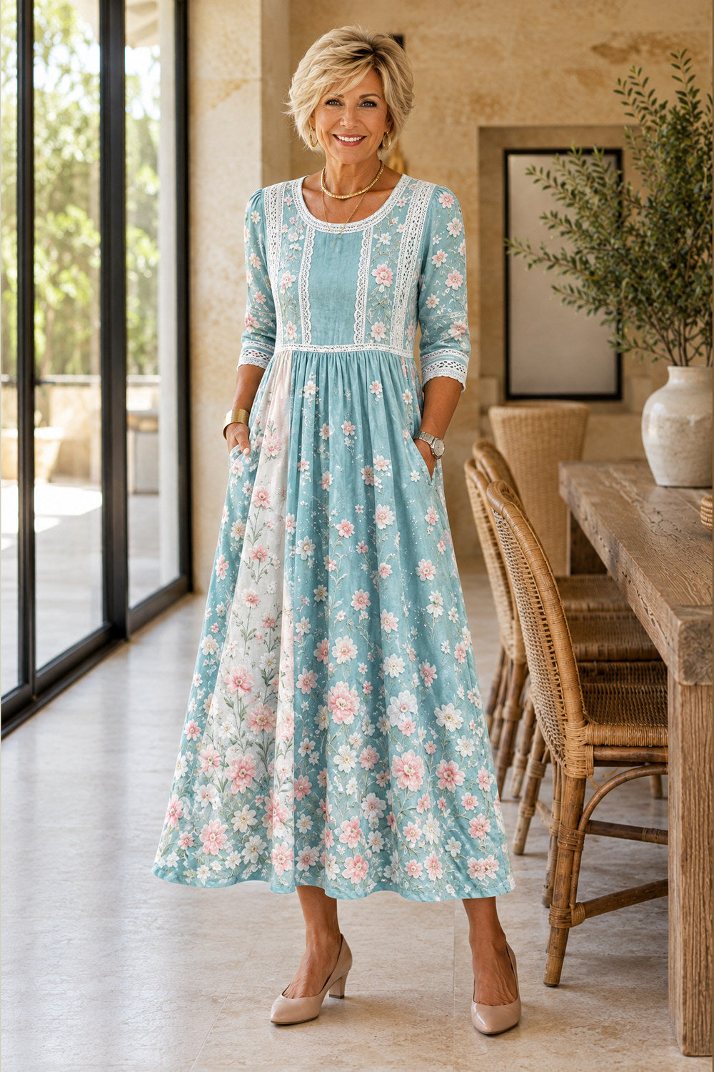 Tamsin Wildflower Lace-Trim Midi Dress — Aqua Blossom