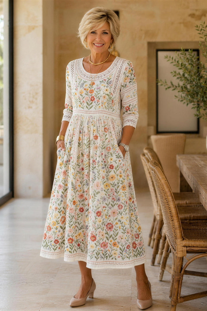 Tamsin Wildflower Lace-Trim Midi Dress — Cream Wildflower