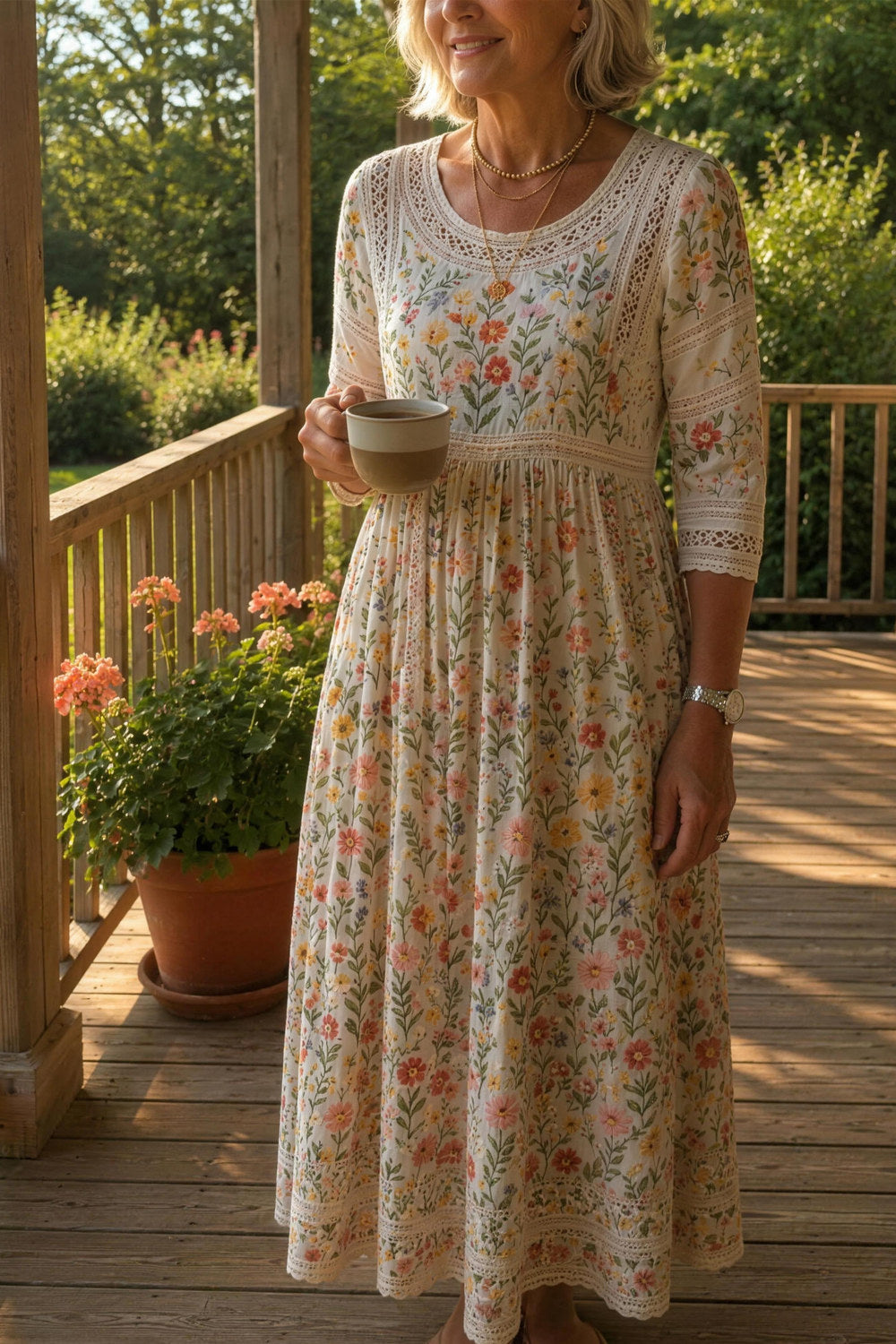 Tamsin Wildflower Lace-Trim Midi Dress — Cream Wildflower