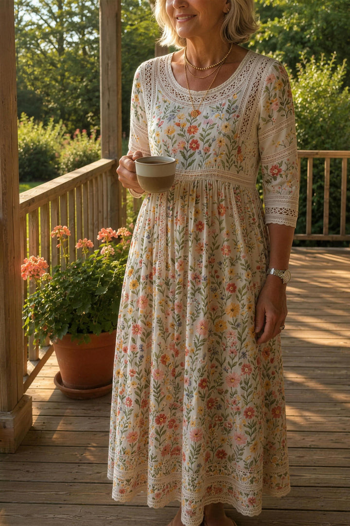 Tamsin Wildflower Lace-Trim Midi Dress — Cream Wildflower