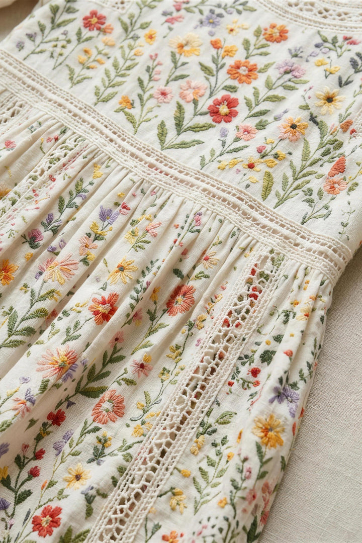 Tamsin Wildflower Lace-Trim Midi Dress — Cream Wildflower