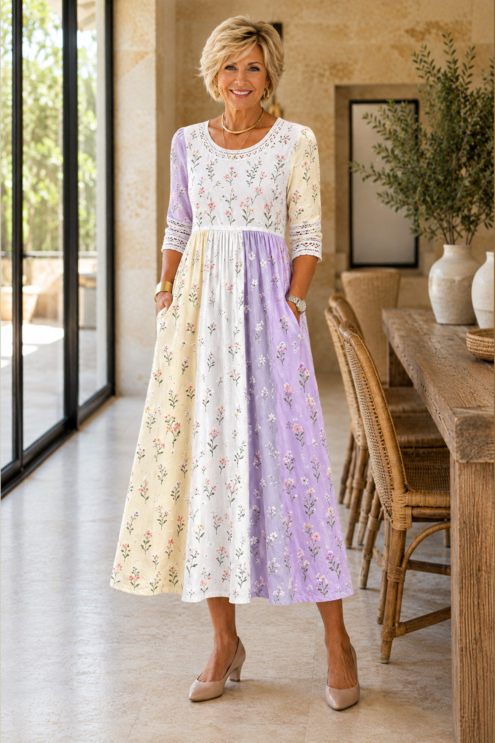 Tamsin Wildflower Lace-Trim Midi Dress — Lilac Patchwork