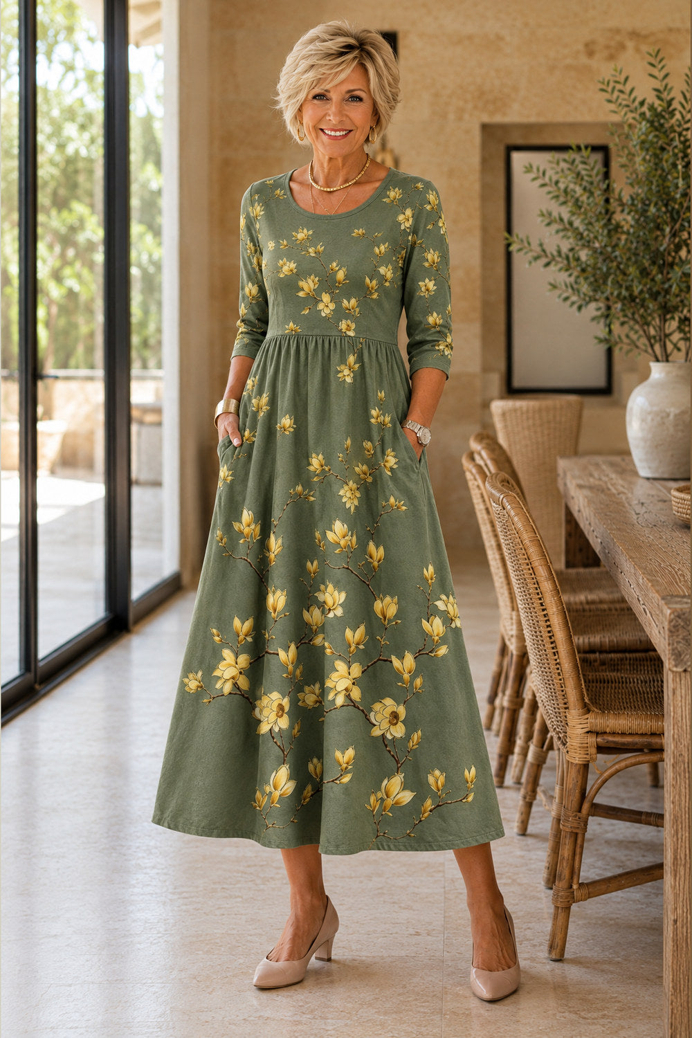 Tamsin Wildflower Lace-Trim Midi Dress — Olive Blossom