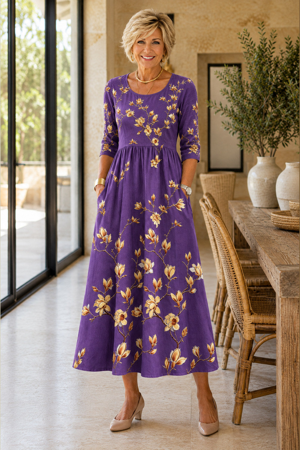 Tamsin Wildflower Lace-Trim Midi Dress — Purple Blossom