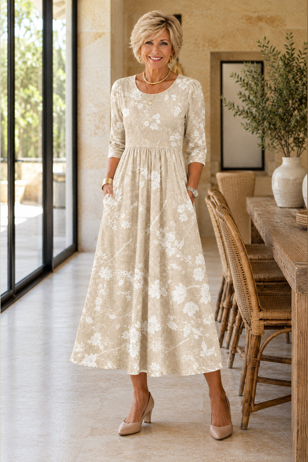 Tamsin Wildflower Lace-Trim Midi Dress — Sand Floral