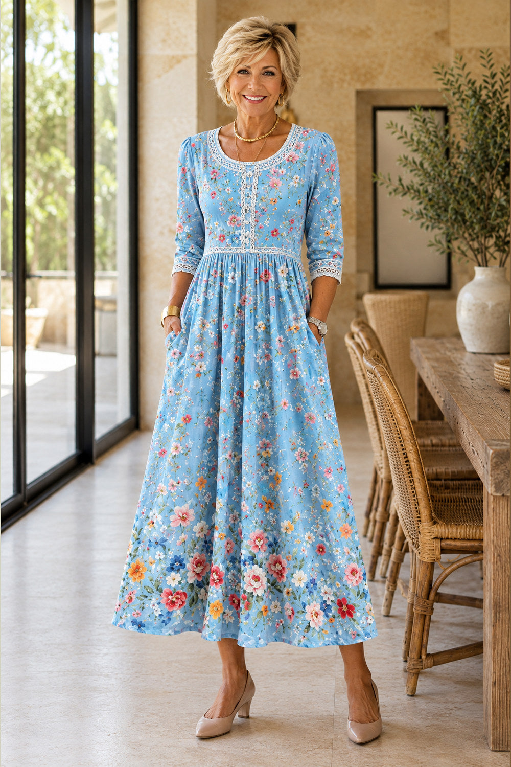 Tamsin Wildflower Lace-Trim Midi Dress — Sand Floral