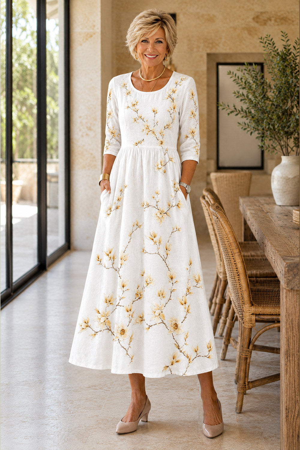 Tamsin Wildflower Lace-Trim Midi Dress — White Blossom
