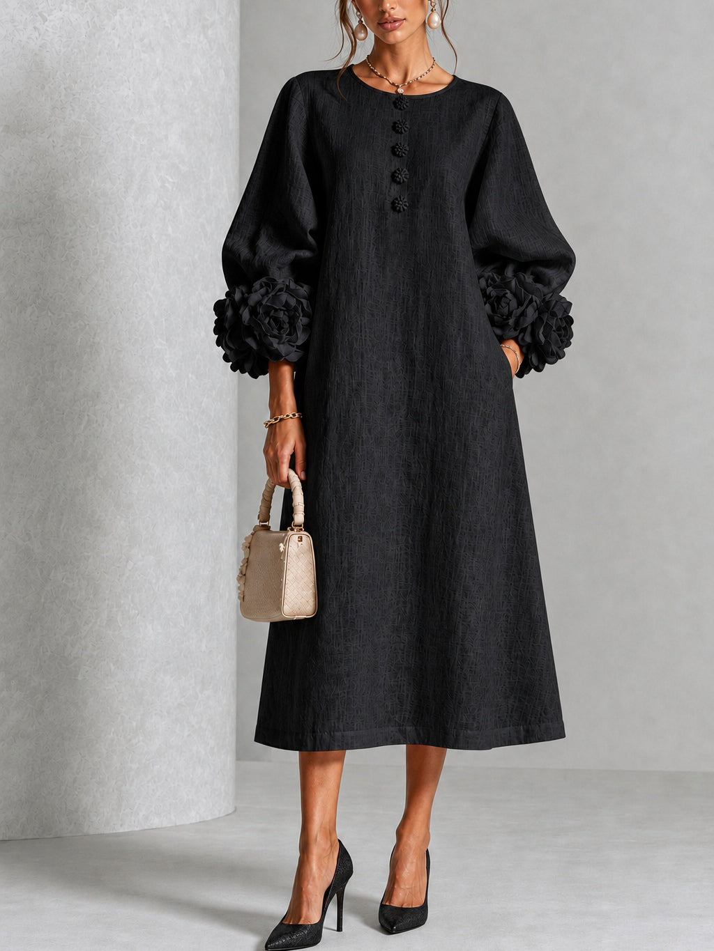 Clarice Petal Midi Dress in black