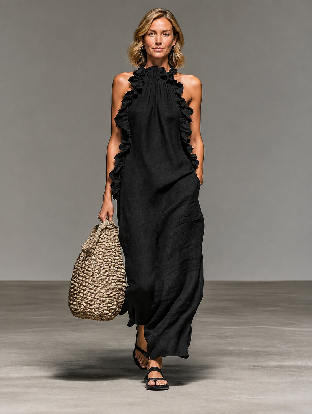 Cressida Ruffle Maxi Dress in black