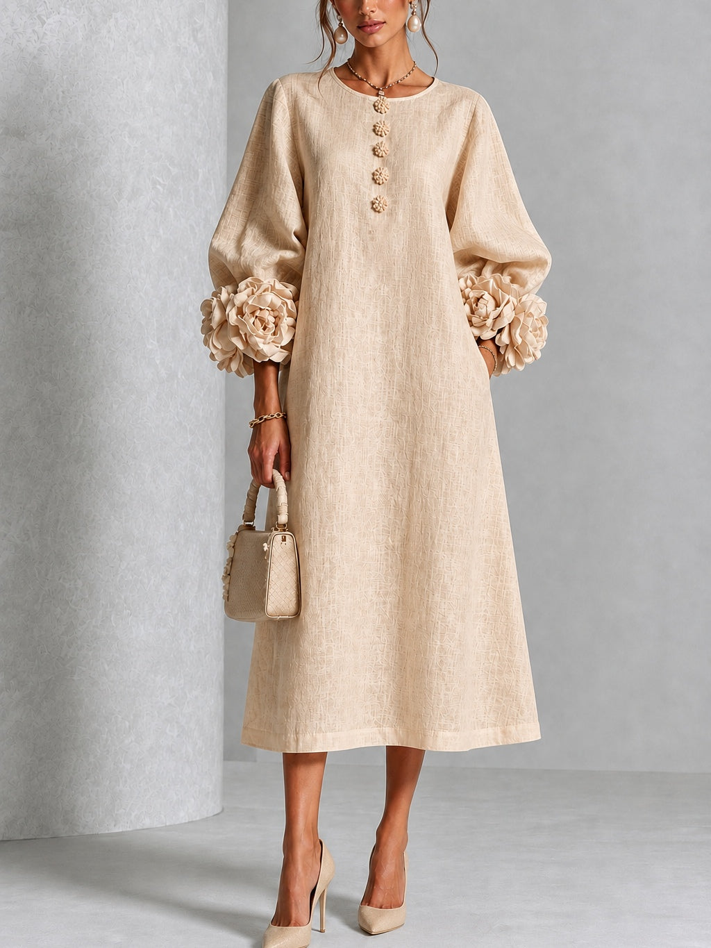 Hazel Petal Midi Dress in beige