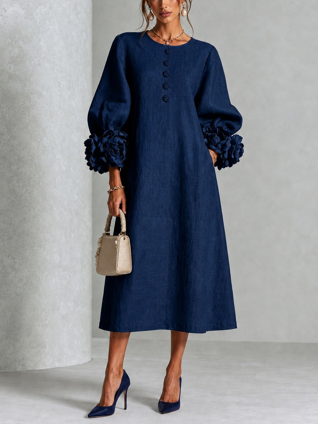 Isobel Petal Midi Dress in navy