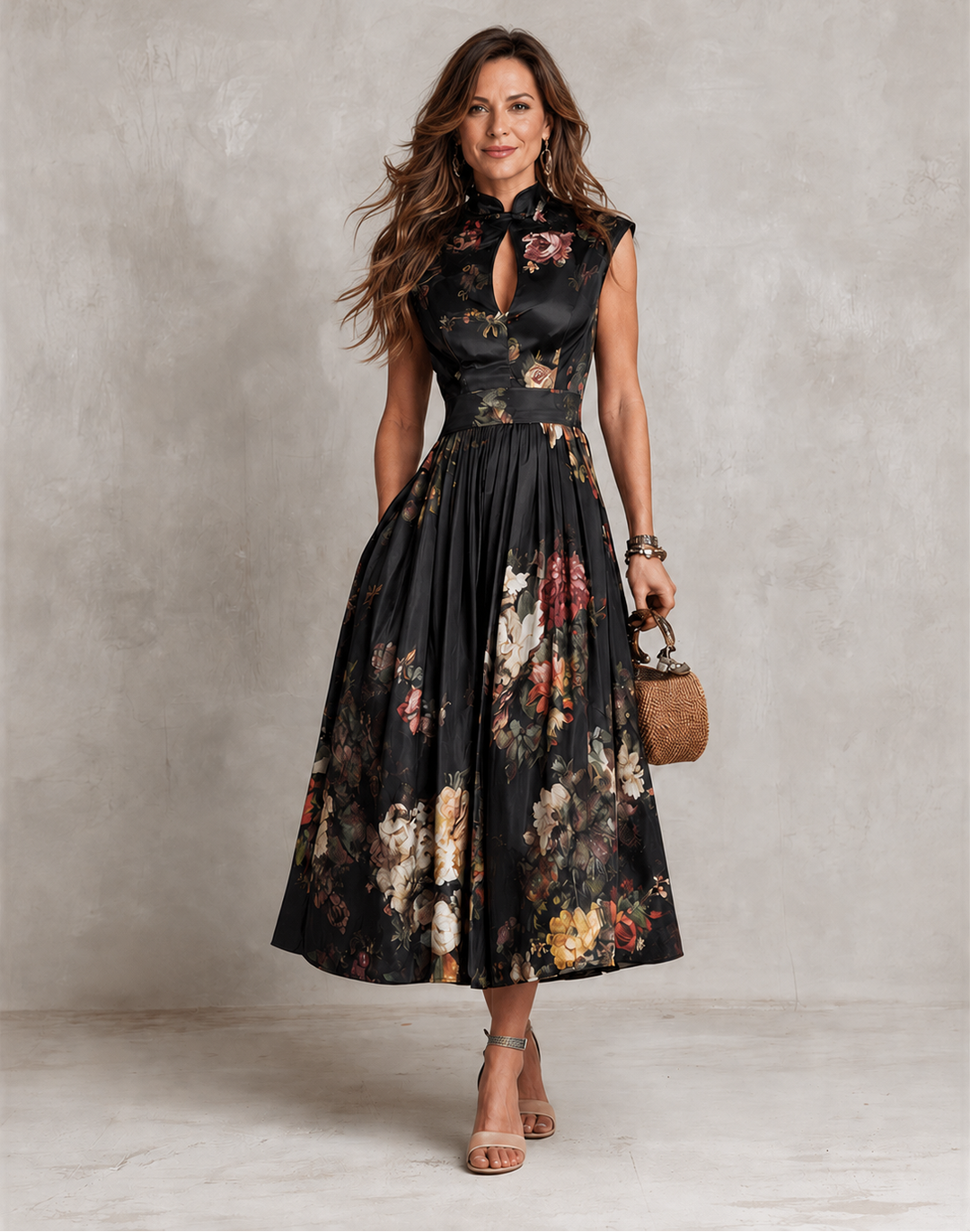 Leticia Floral Midi Dress in black