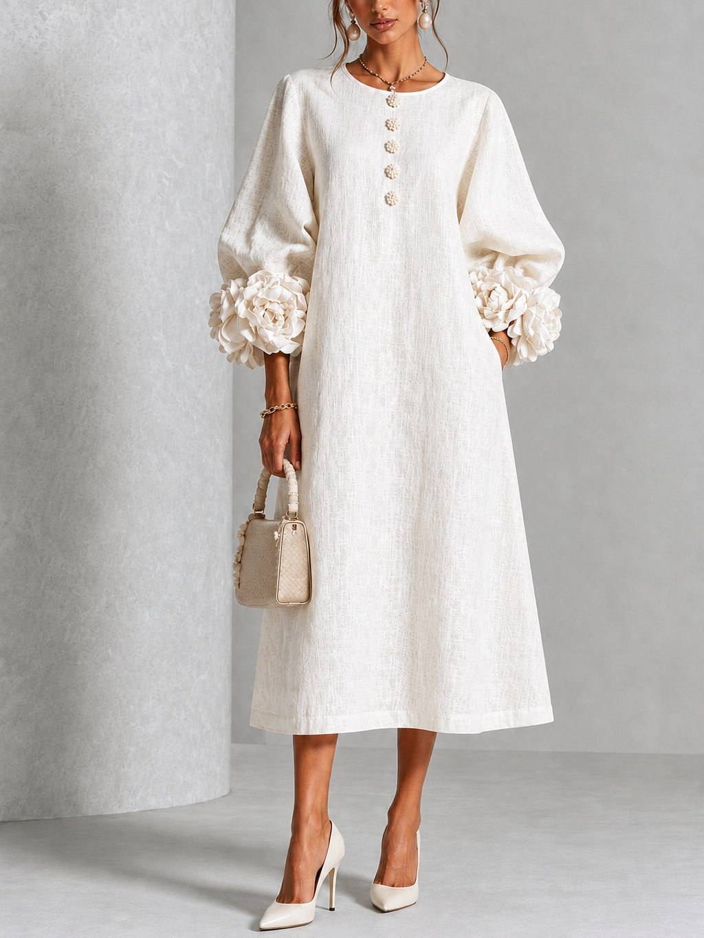 Pearl Petal Midi Dress in white