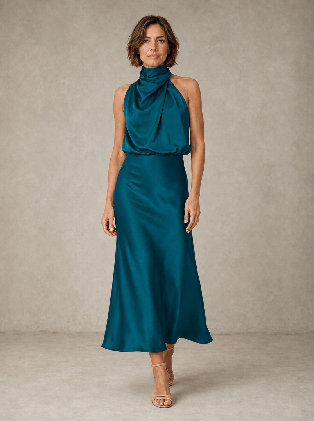 Teresa Satin Midi Dress in aqua green