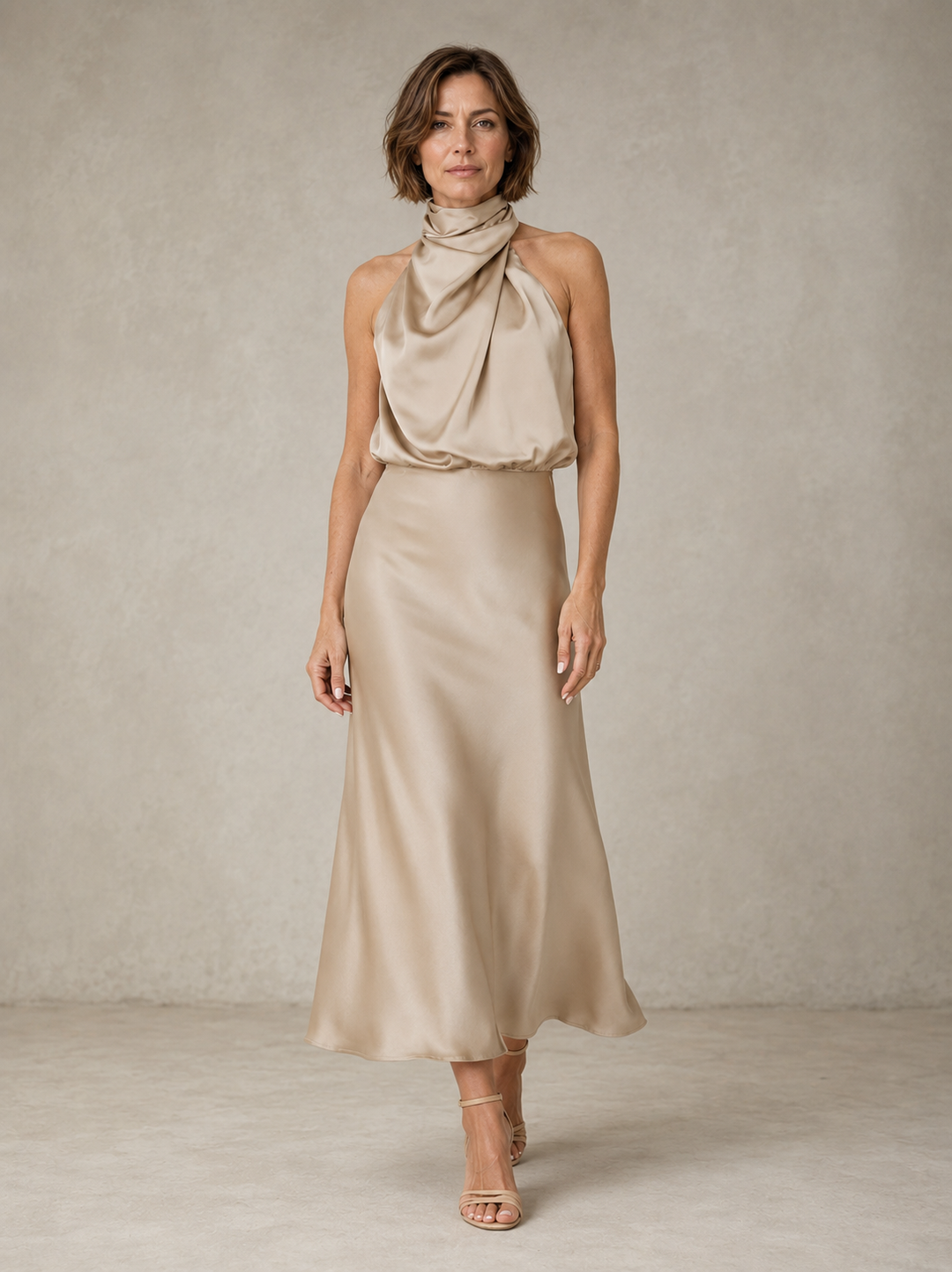 Teresa Satin Midi Dress in beige