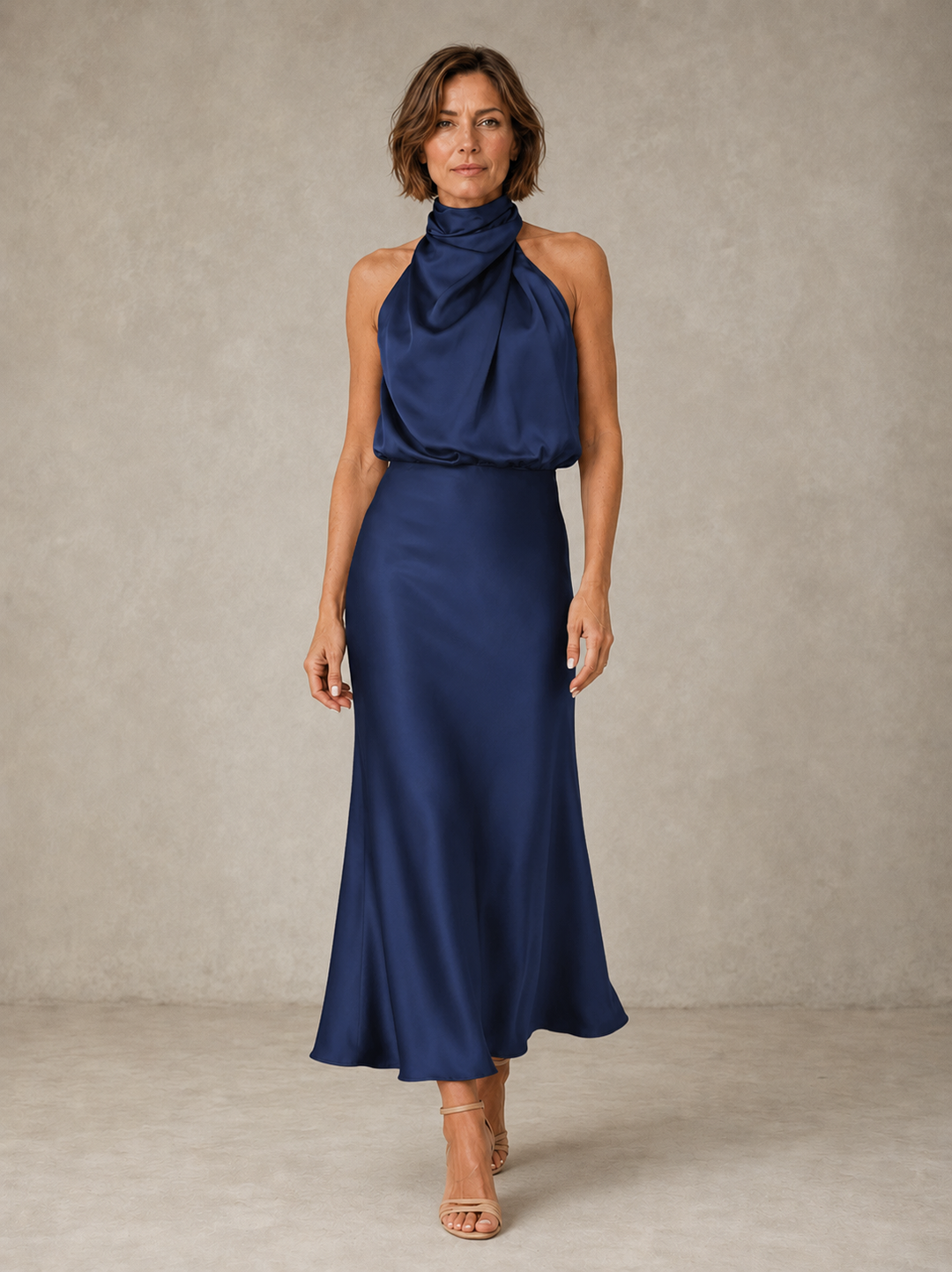 Teresa Satin Midi Dress in navy blue