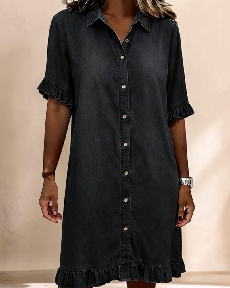 Denim Smocked Waist Dress in black