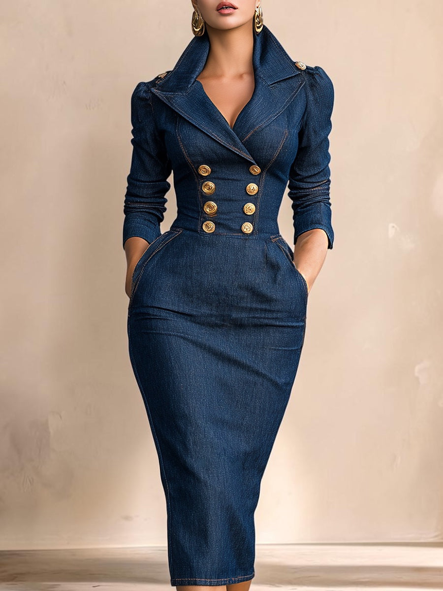 Double-breasted Structured Denim Midi Dress in blue