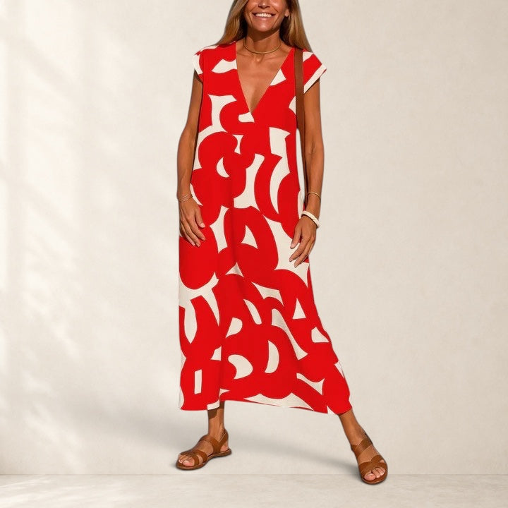 Valery Flowing V-neck Dress in red