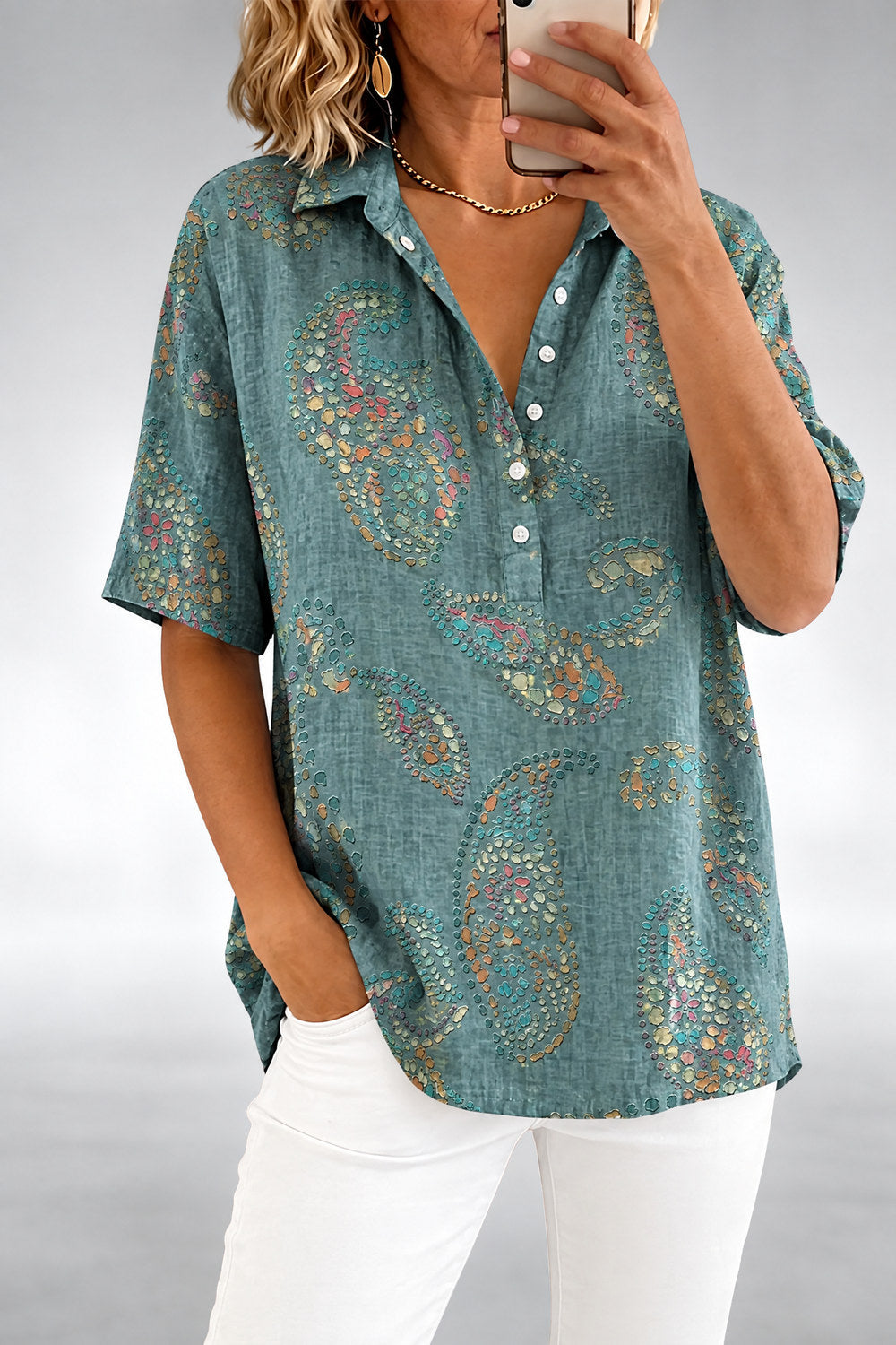 Winifred Relaxed-Fit Top — Teal Paisley